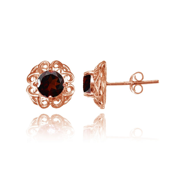 Rose Gold Flashed Sterling Silver Garnet Round Filigree Stud Earrings