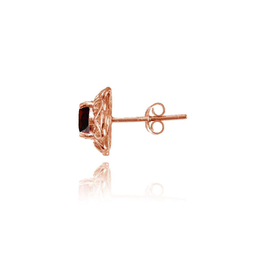 Rose Gold Flashed Sterling Silver Garnet Round Filigree Stud Earrings-2