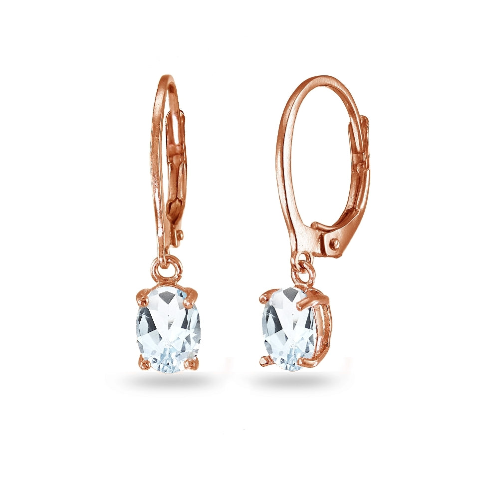 Rose Gold Flashed Sterling Silver Aquamarine 7x5mm Oval Dangle Leverback Earrings
