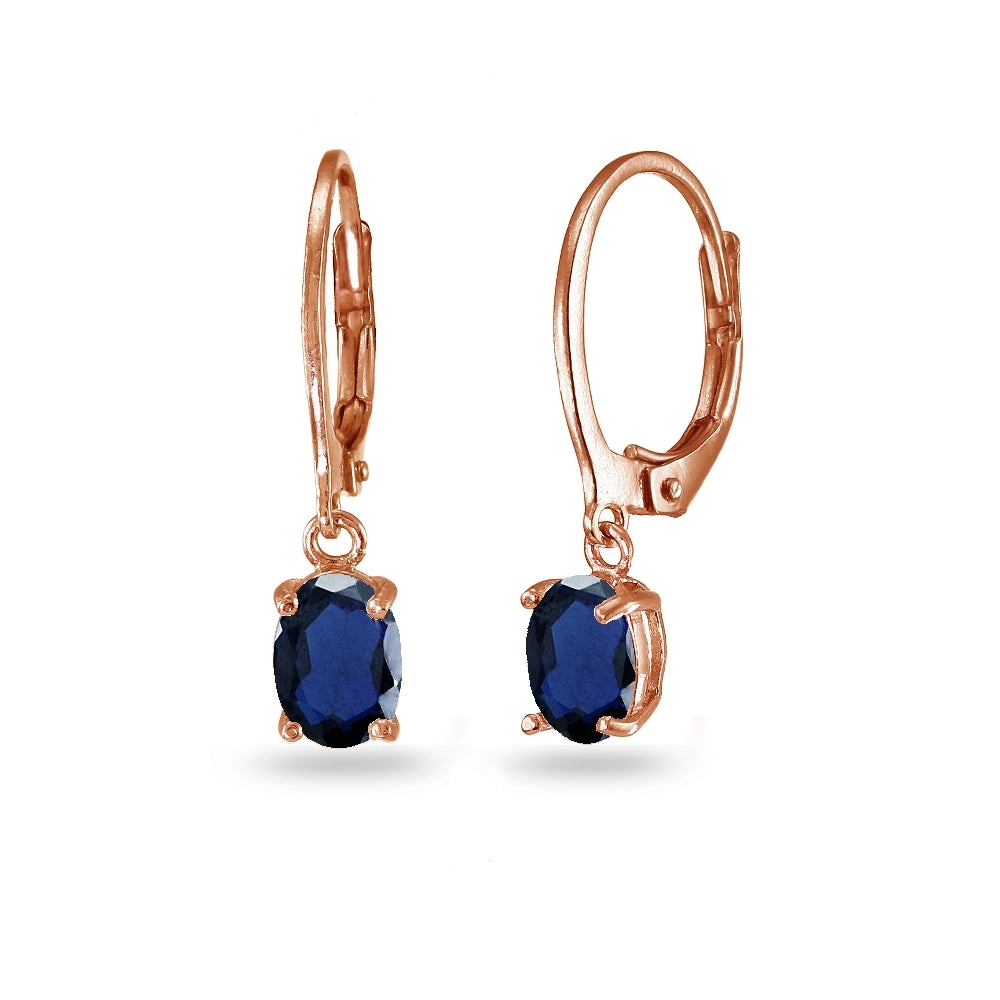 Rose Gold Flashed Sterling Silver Created Blue Sapphire 7x5mm Oval Dangle Leverback Earrings