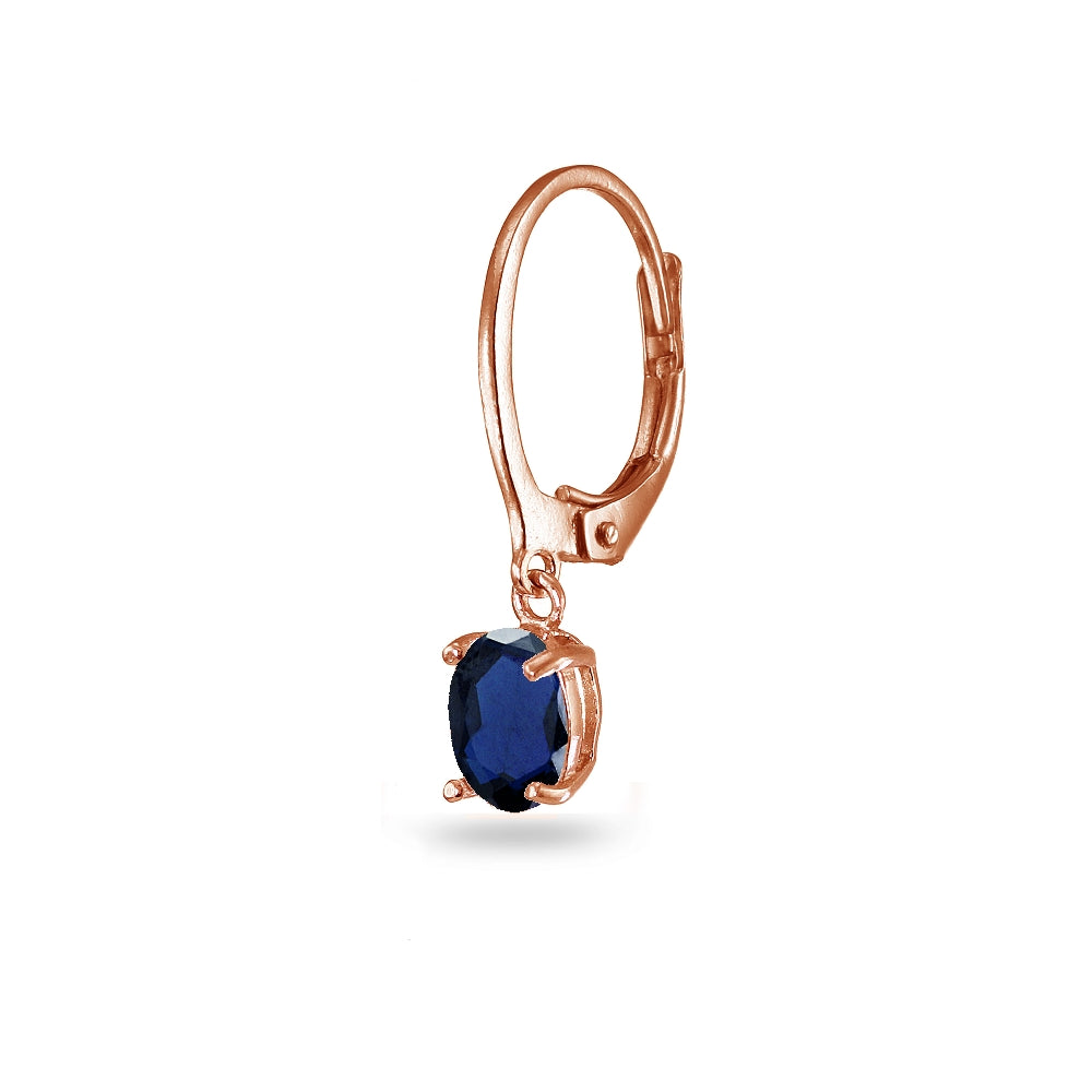 Rose Gold Flashed Sterling Silver Created Blue Sapphire 7x5mm Oval Dangle Leverback Earrings-2