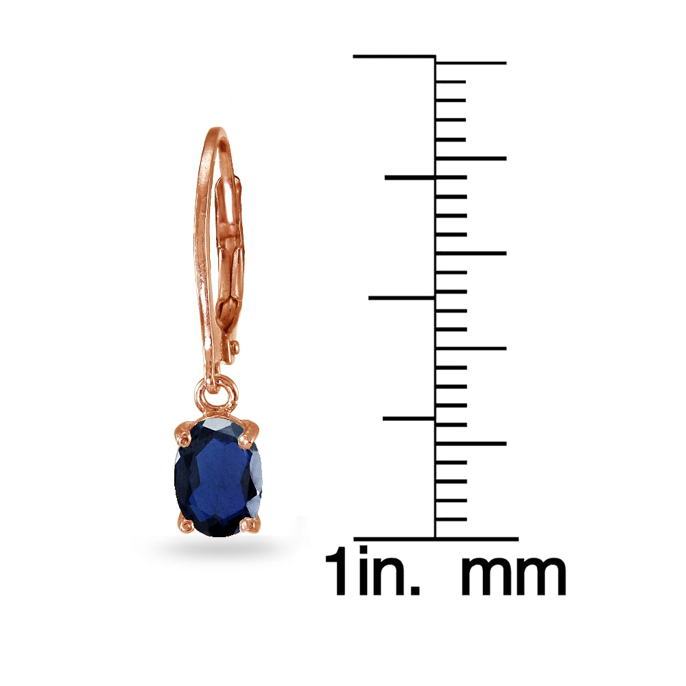 Rose Gold Flashed Sterling Silver Created Blue Sapphire 7x5mm Oval Dangle Leverback Earrings-3