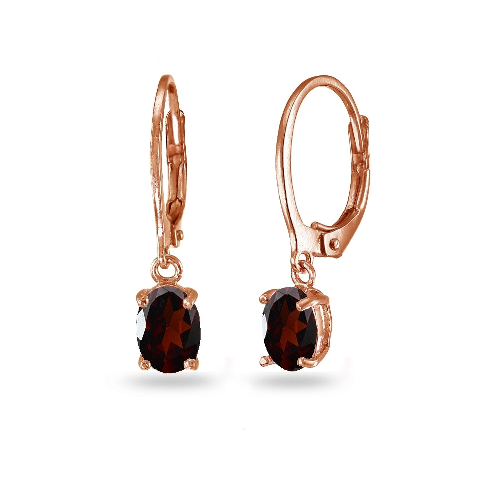 Rose Gold Flashed Sterling Silver Garnet 7x5mm Oval Dangle Leverback Earrings