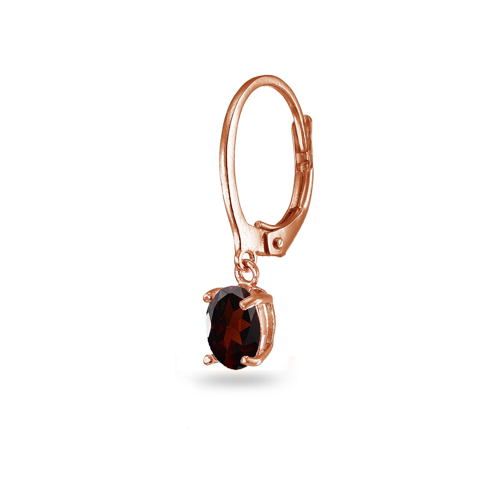 Rose Gold Flashed Sterling Silver Garnet 7x5mm Oval Dangle Leverback Earrings-2