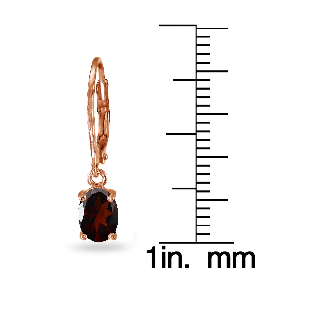 Rose Gold Flashed Sterling Silver Garnet 7x5mm Oval Dangle Leverback Earrings-3