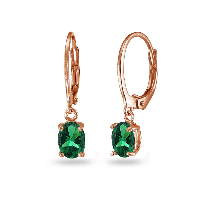 Rose Gold Flashed Sterling Silver Created Emerald 7x5mm Oval Dangle Leverback Earrings