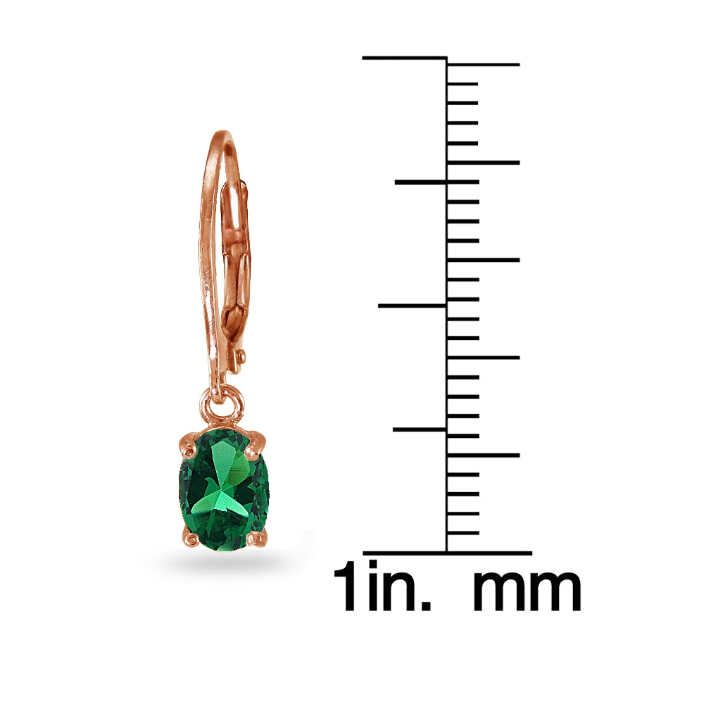 Rose Gold Flashed Sterling Silver Created Emerald 7x5mm Oval Dangle Leverback Earrings-3