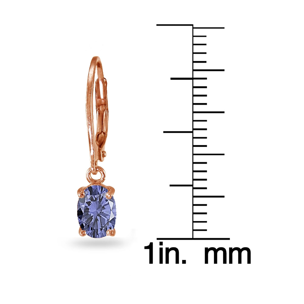 Rose Gold Flashed Sterling Silver Created Tanzanite 7x5mm Oval Dangle Leverback Earrings-3