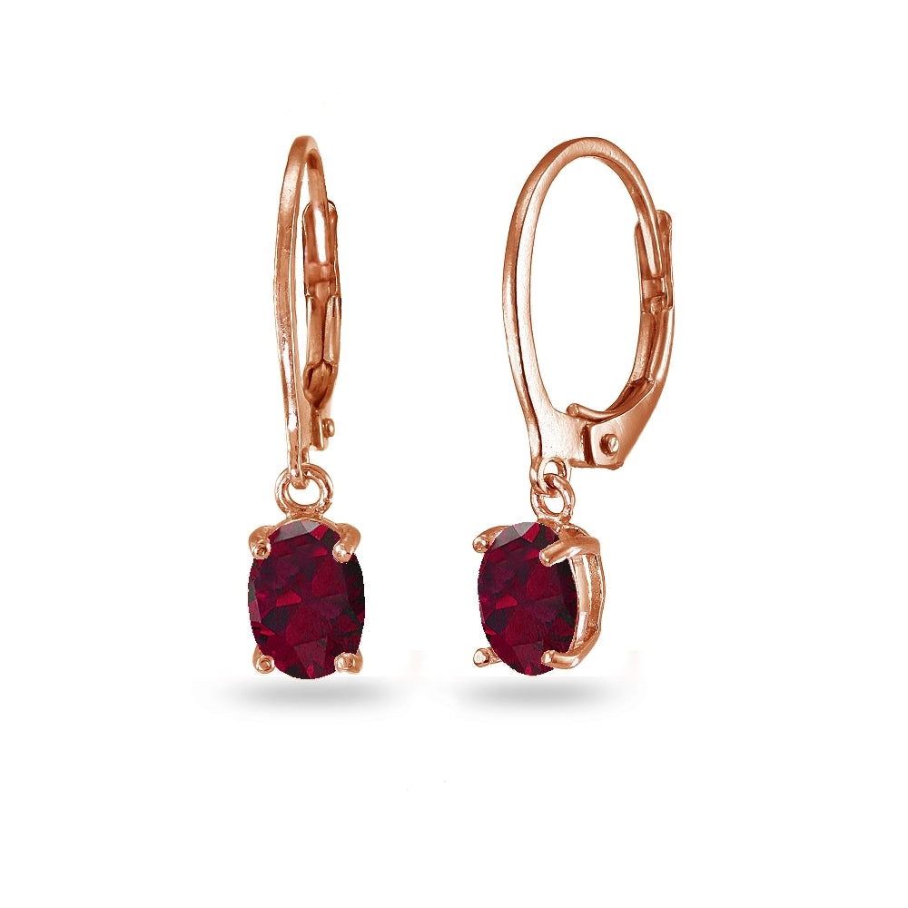 Rose Gold Flashed Sterling Silver Created Ruby 7x5mm Oval Dangle Leverback Earrings