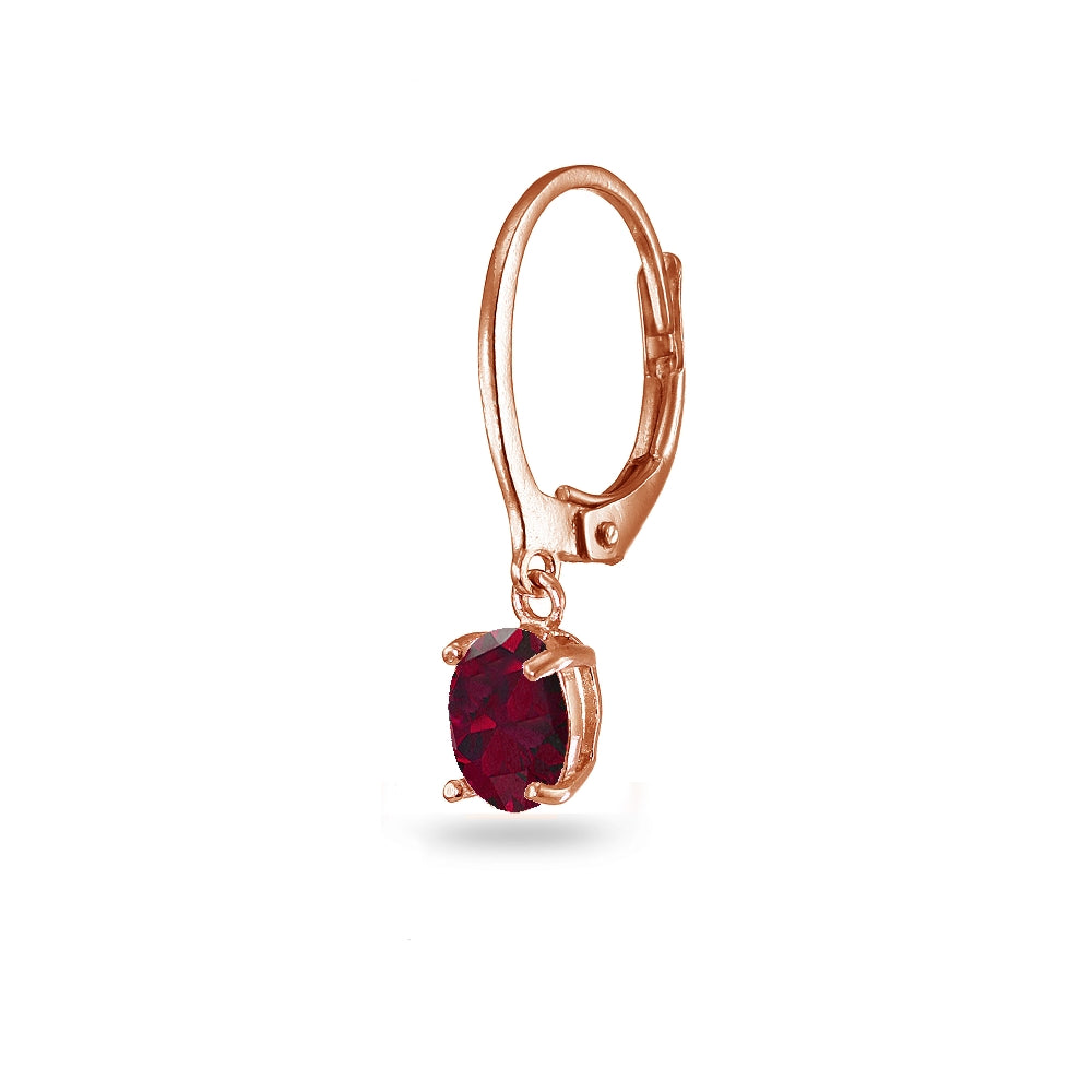 Rose Gold Flashed Sterling Silver Created Ruby 7x5mm Oval Dangle Leverback Earrings-2