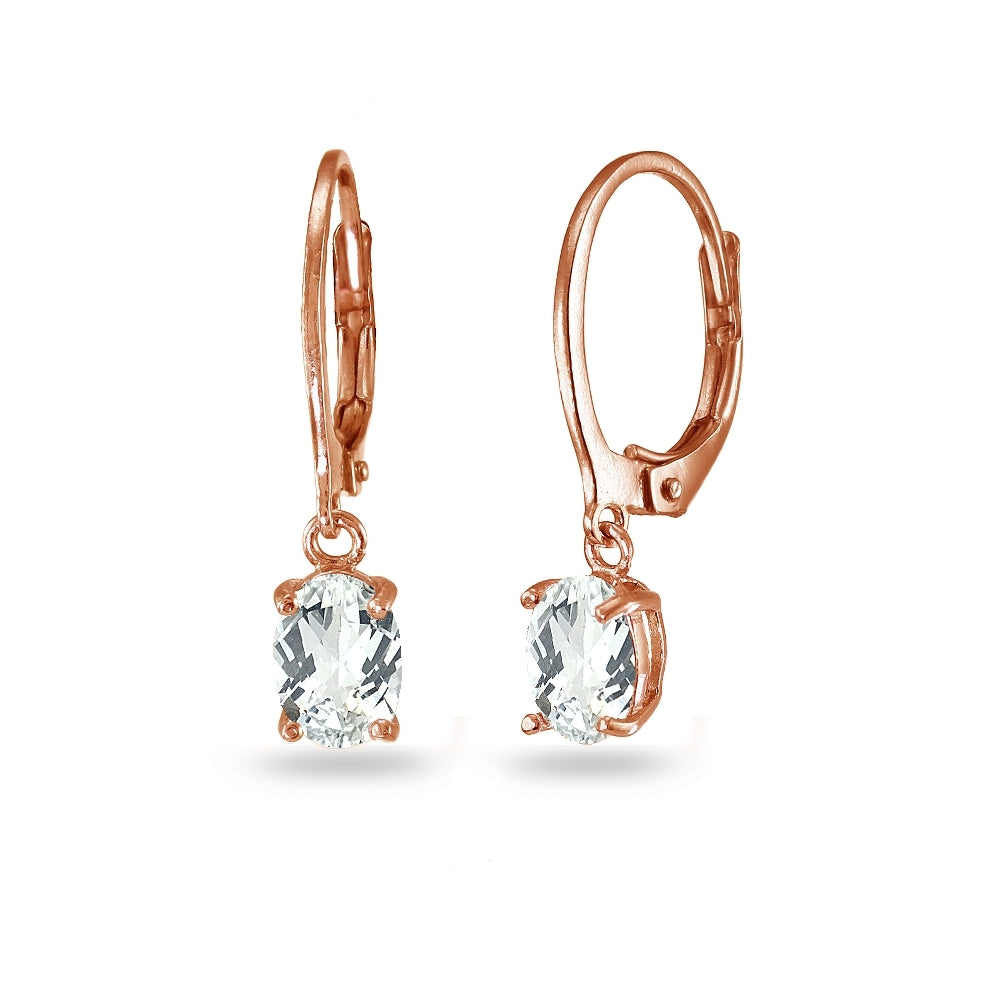 Rose Gold Flashed Sterling Silver White Topaz 7x5mm Oval Dangle Leverback Earrings