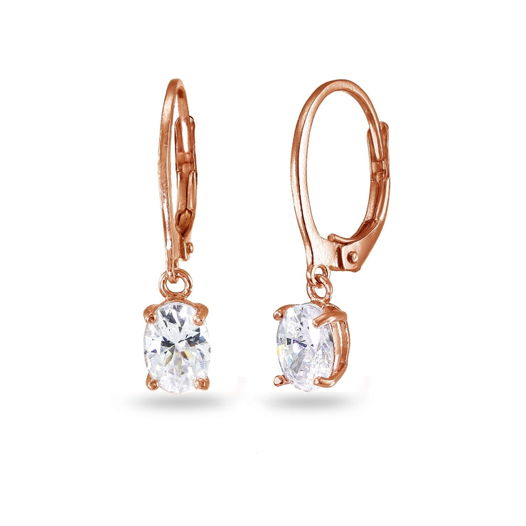 Rose Gold Flashed Sterling Silver Cubic Zirconia 7x5mm Oval Dangle Leverback Earrings