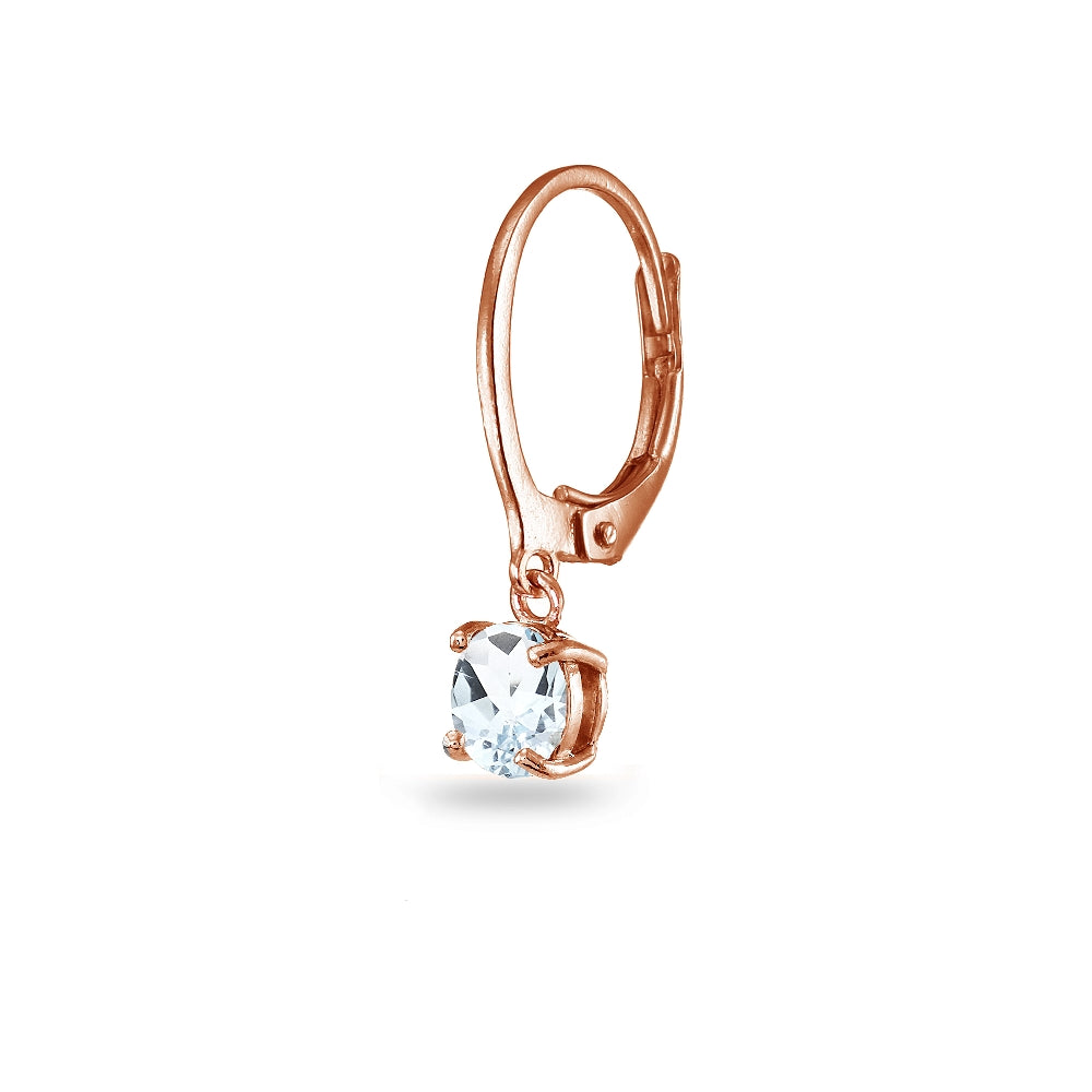 Rose Gold Flashed Sterling Silver Aquamarine 6mm Round Dangle Leverback Earrings-2