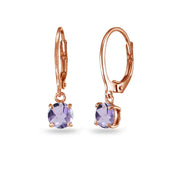 Rose Gold Flashed Sterling Silver Amethyst 6mm Round Dangle Leverback Earrings