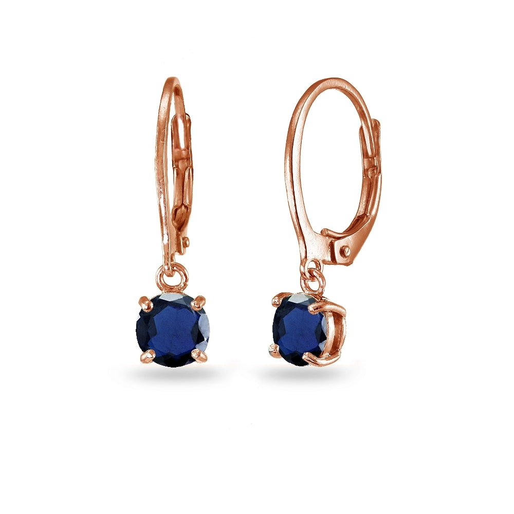 Rose Gold Flashed Sterling Silver Created Blue Sapphire 6mm Round Dangle Leverback Earrings