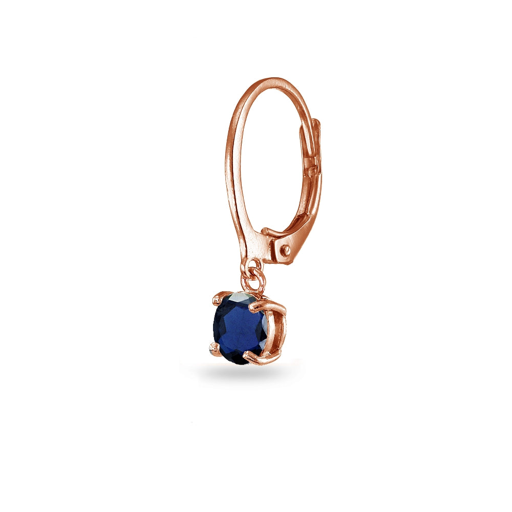 Rose Gold Flashed Sterling Silver Created Blue Sapphire 6mm Round Dangle Leverback Earrings-2