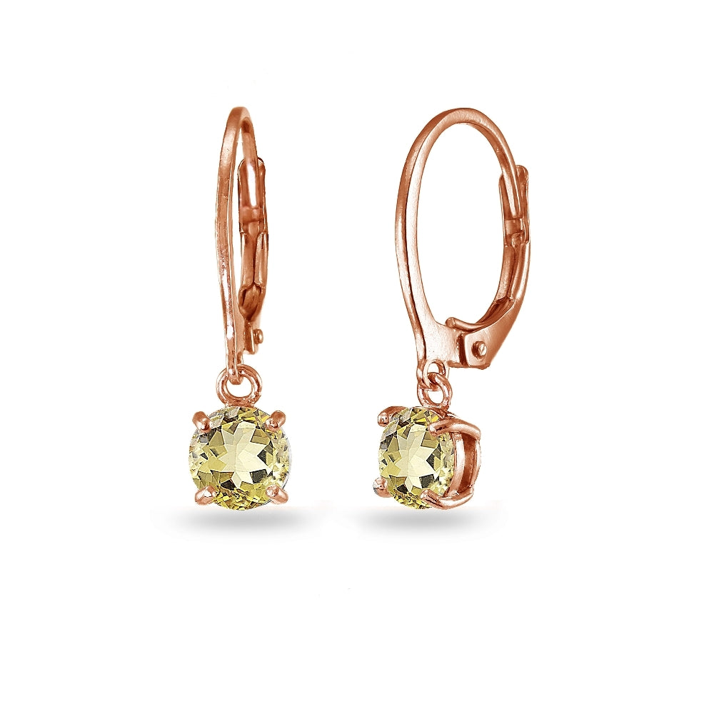 Rose Gold Flashed Sterling Silver Citrine 6mm Round Dangle Leverback Earrings