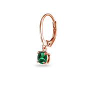 Rose Gold Flashed Sterling Silver Created Emerald 6mm Round Dangle Leverback Earrings