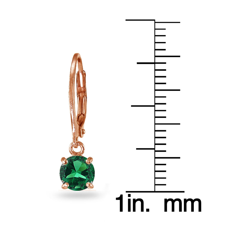 Rose Gold Flashed Sterling Silver Created Emerald 6mm Round Dangle Leverback Earrings-3