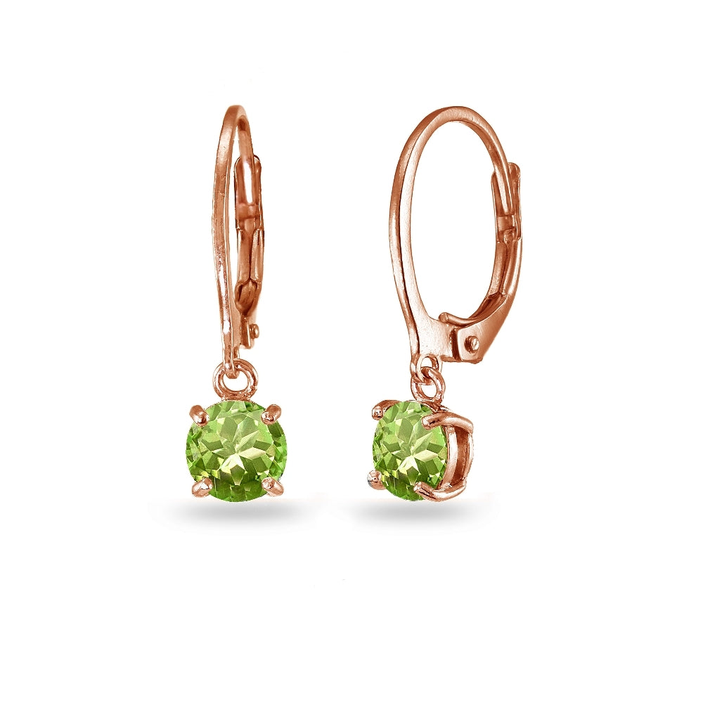 Rose Gold Flashed Sterling Silver Peridot 6mm Round Dangle Leverback Earrings