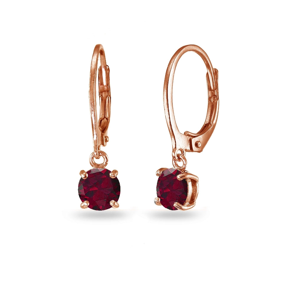 Rose Gold Flashed Sterling Silver Created Ruby 6mm Round Dangle Leverback Earrings