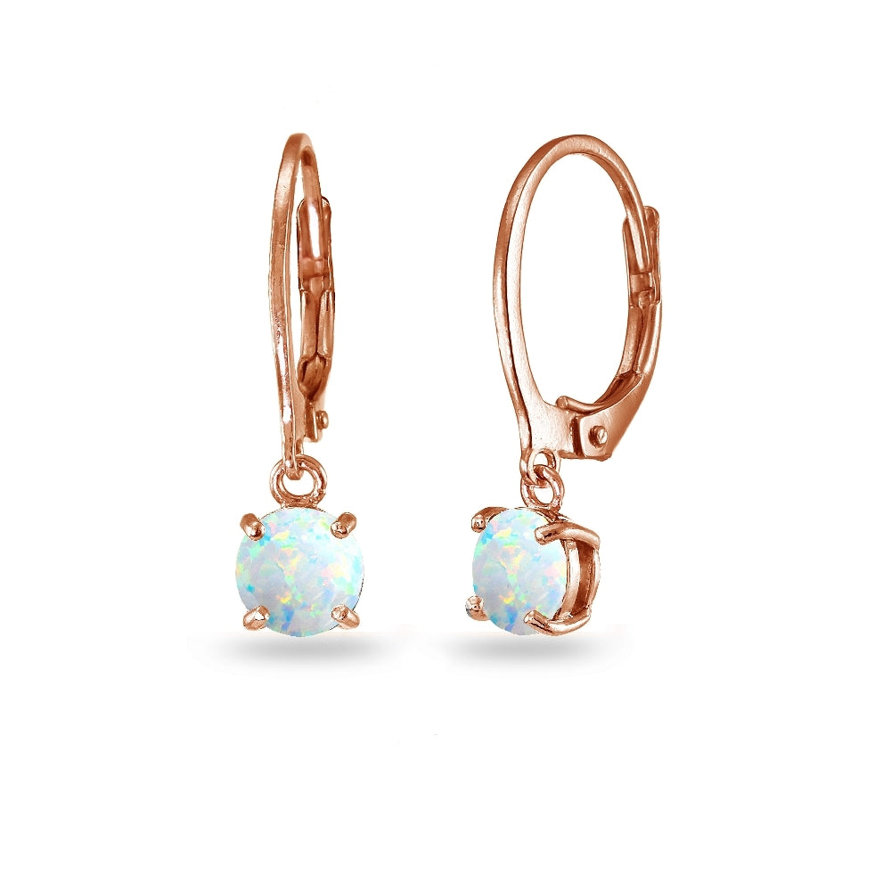 Rose Gold Flashed Sterling Silver Created White Opal 6mm Round Dangle Leverback Earrings