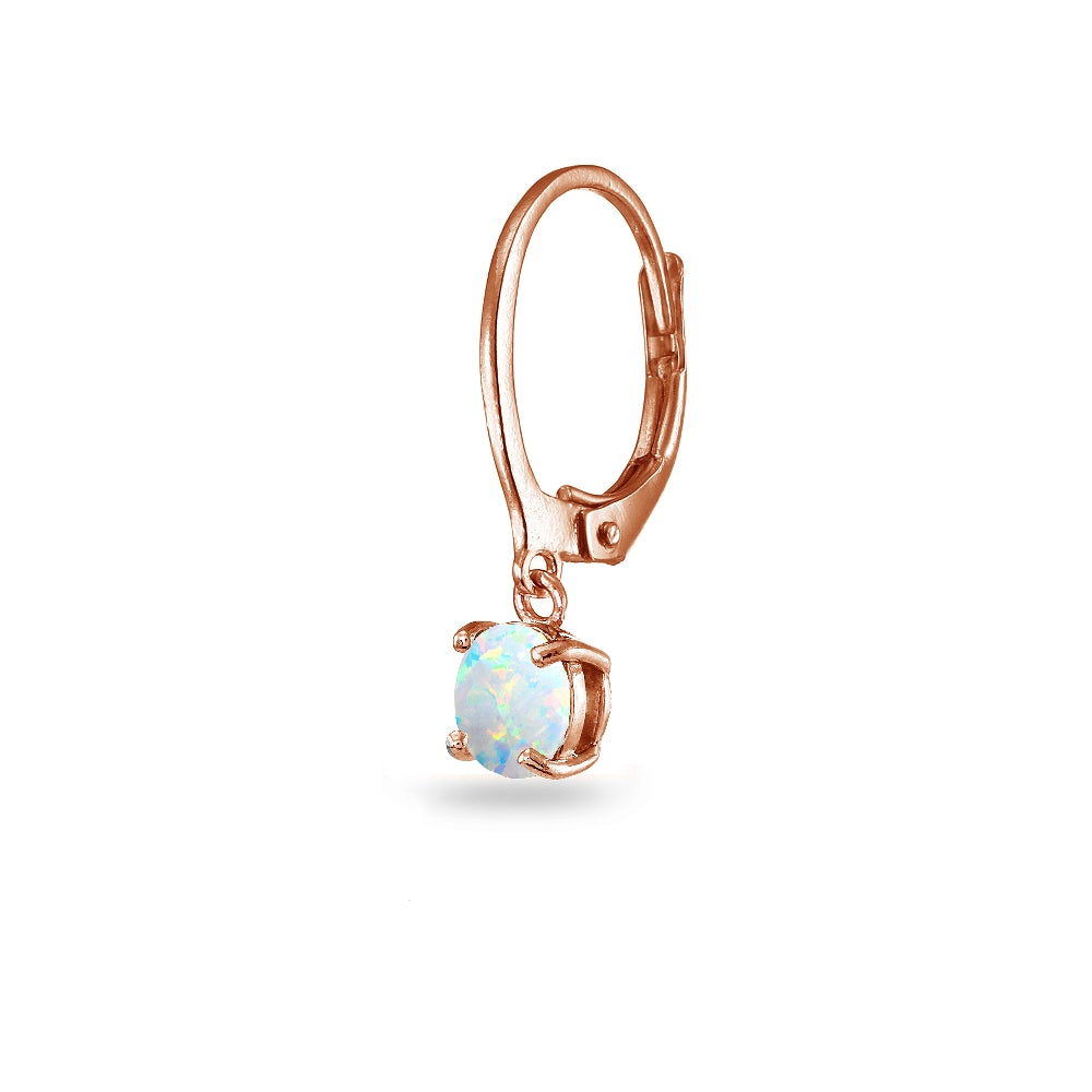 Rose Gold Flashed Sterling Silver Created White Opal 6mm Round Dangle Leverback Earrings-2