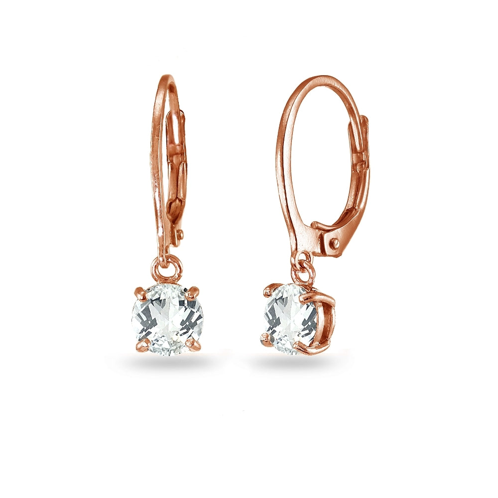 Rose Gold Flashed Sterling Silver White Topaz 6mm Round Dangle Leverback Earrings