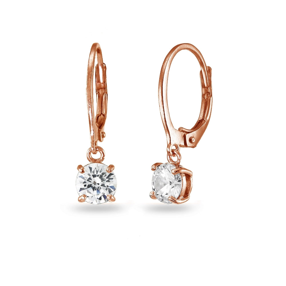 Rose Gold Flashed Sterling Silver Cubic Zirconia 6mm Round Dangle Leverback Earrings