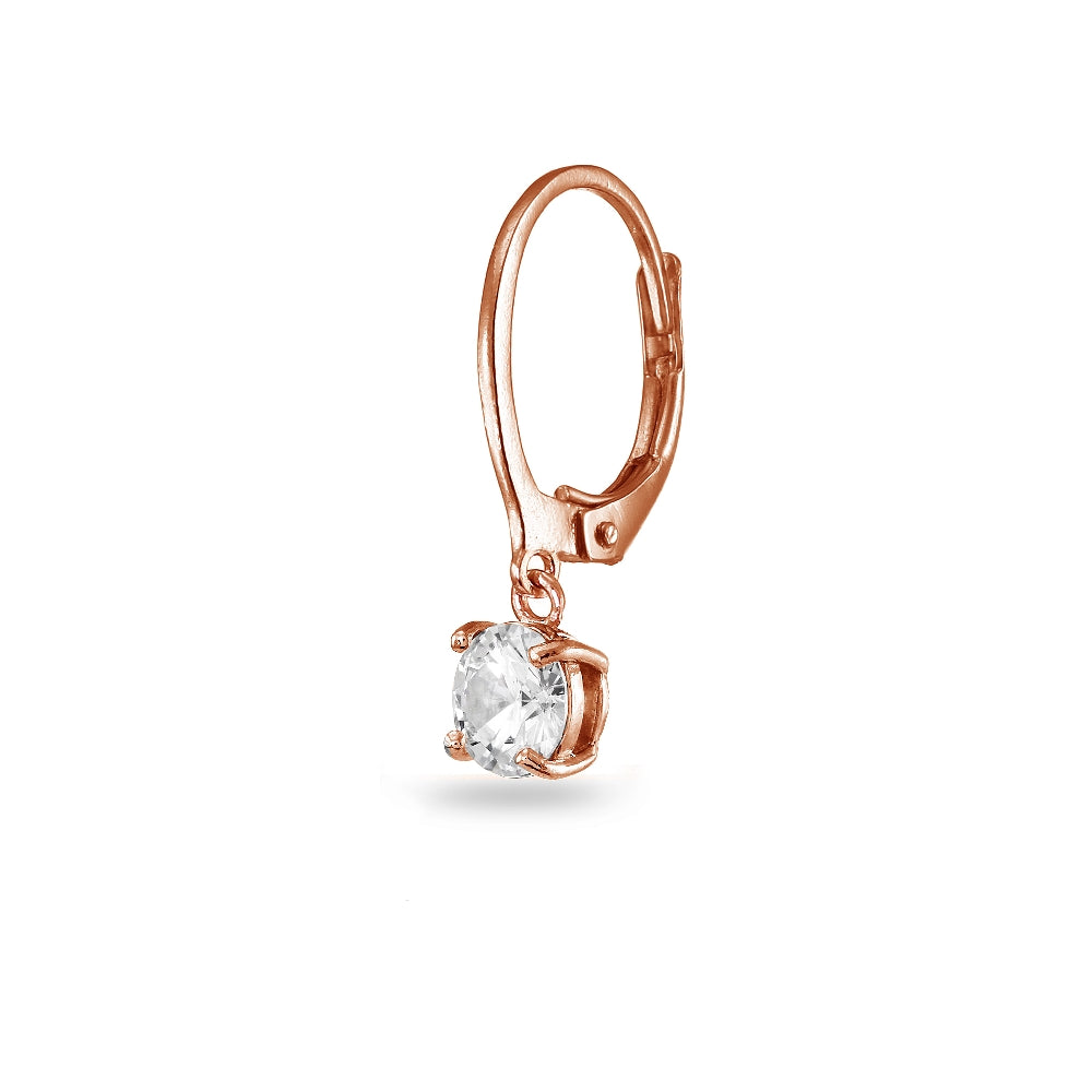 Rose Gold Flashed Sterling Silver Cubic Zirconia 6mm Round Dangle Leverback Earrings-2