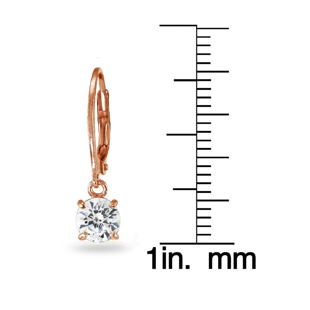 Rose Gold Flashed Sterling Silver Cubic Zirconia 6mm Round Dangle Leverback Earrings-3