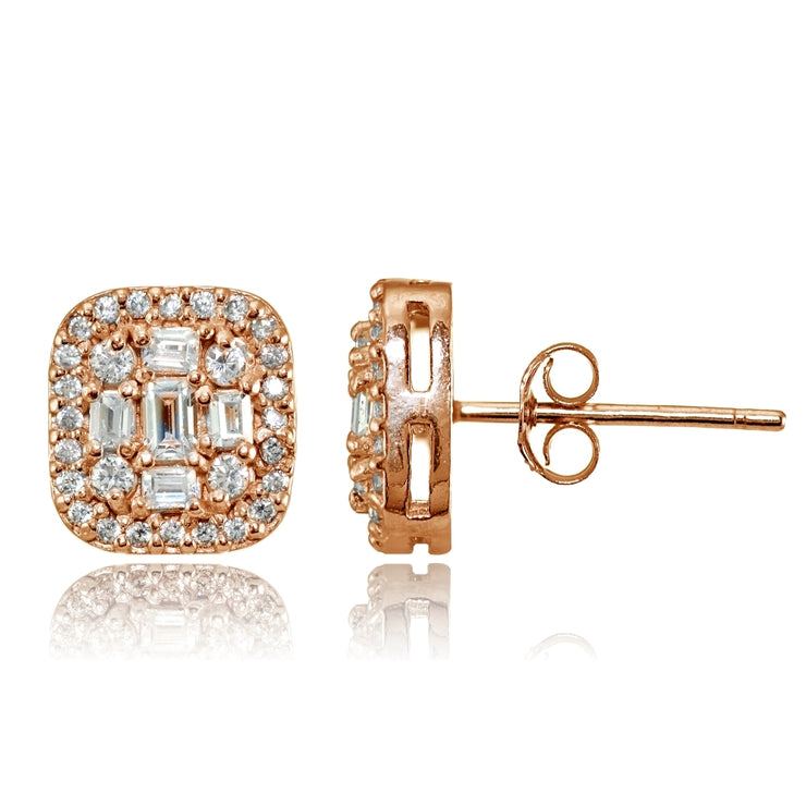 Rose Gold Flashed Silver Cubic Zirconia Baguette and Round Cut Stud Earrings