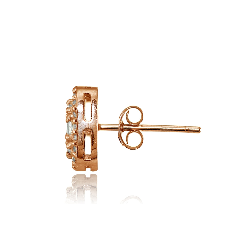 Rose Gold Flashed Silver Cubic Zirconia Baguette and Round Cut Stud Earrings-2