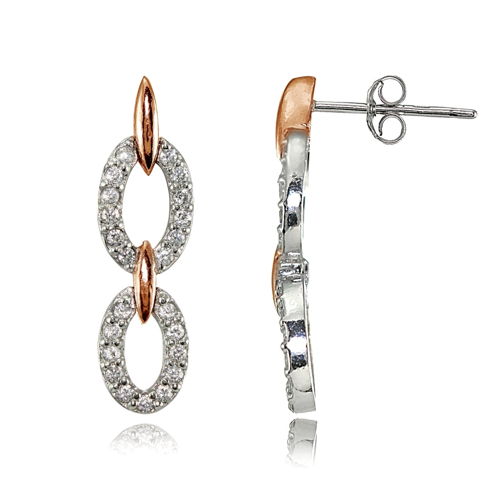 Rose Gold Flashed Silver Two-Tone Cubic Zirconia Double Oval Link Dangle Earrings