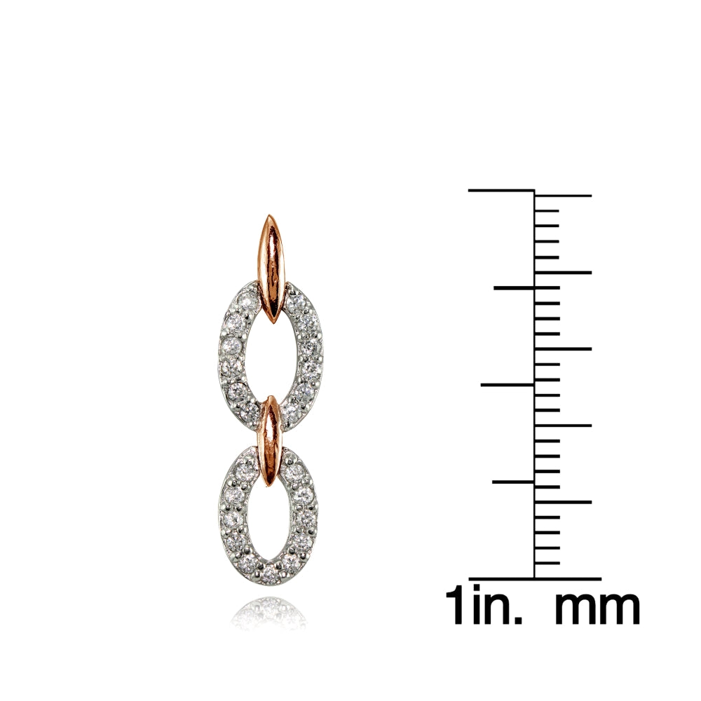 Rose Gold Flashed Silver Two-Tone Cubic Zirconia Double Oval Link Dangle Earrings-3