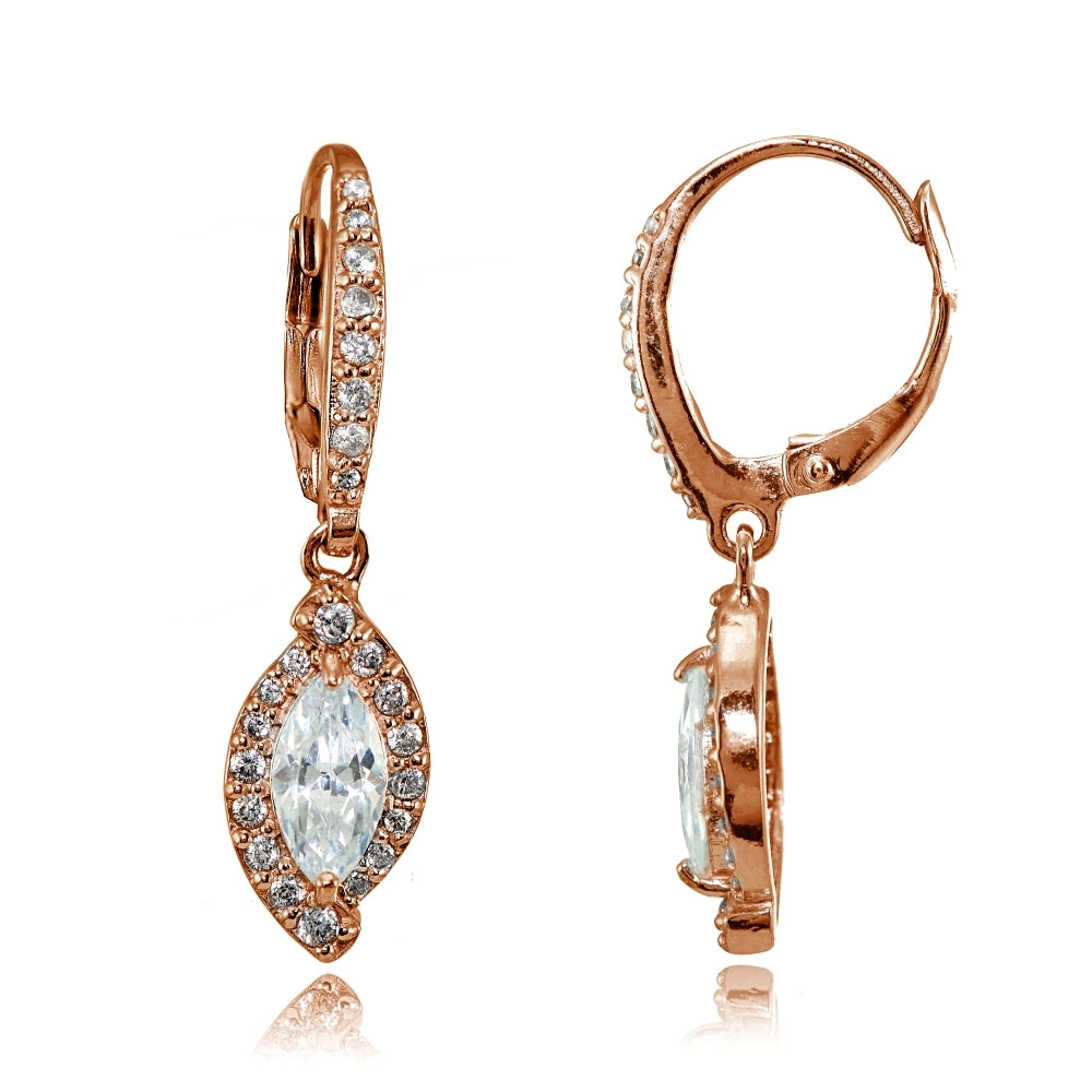 Rose Gold Flashed Silver Cubic Zirconia Marquise Dangle Leverback Earrings