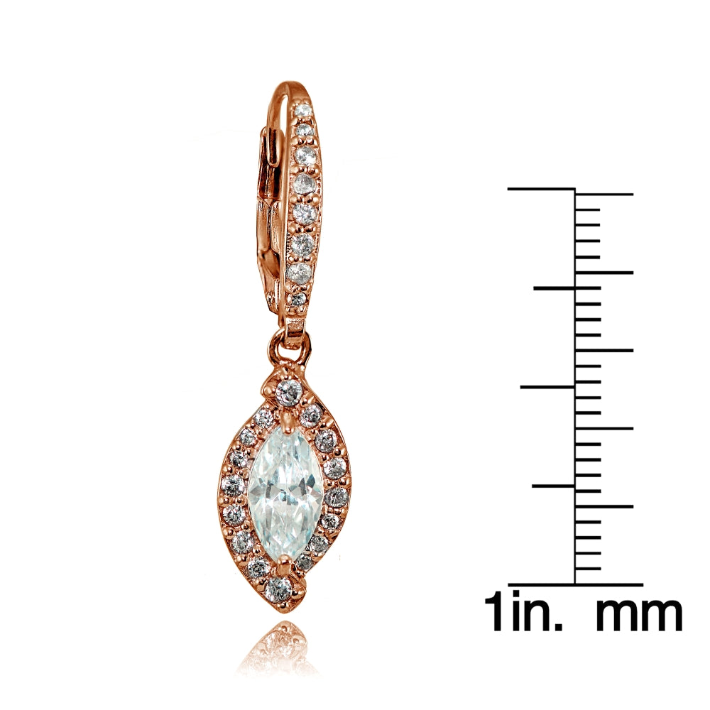 Rose Gold Flashed Silver Cubic Zirconia Marquise Dangle Leverback Earrings-3