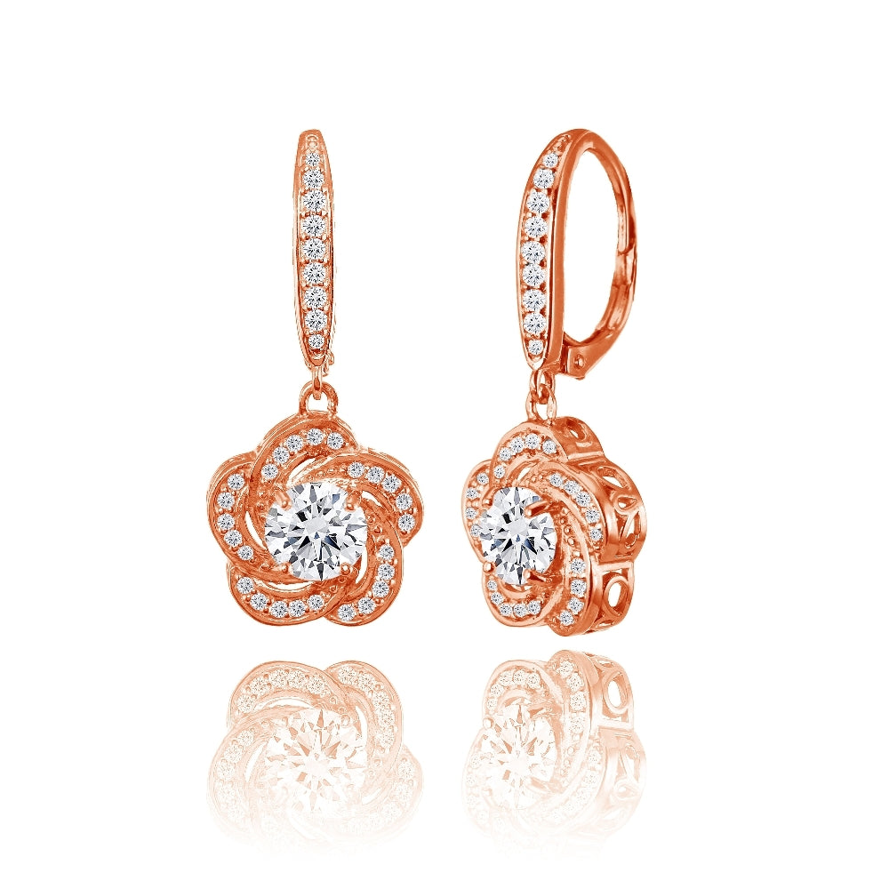 Rose Gold Flashed Sterling Silver Cubic Zirconia Flower Swirl Dangle Leverback Earrings