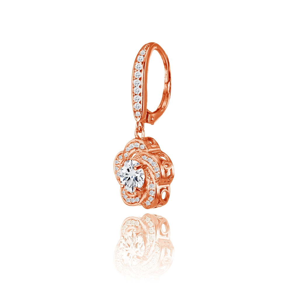 Rose Gold Flashed Sterling Silver Cubic Zirconia Flower Swirl Dangle Leverback Earrings-2