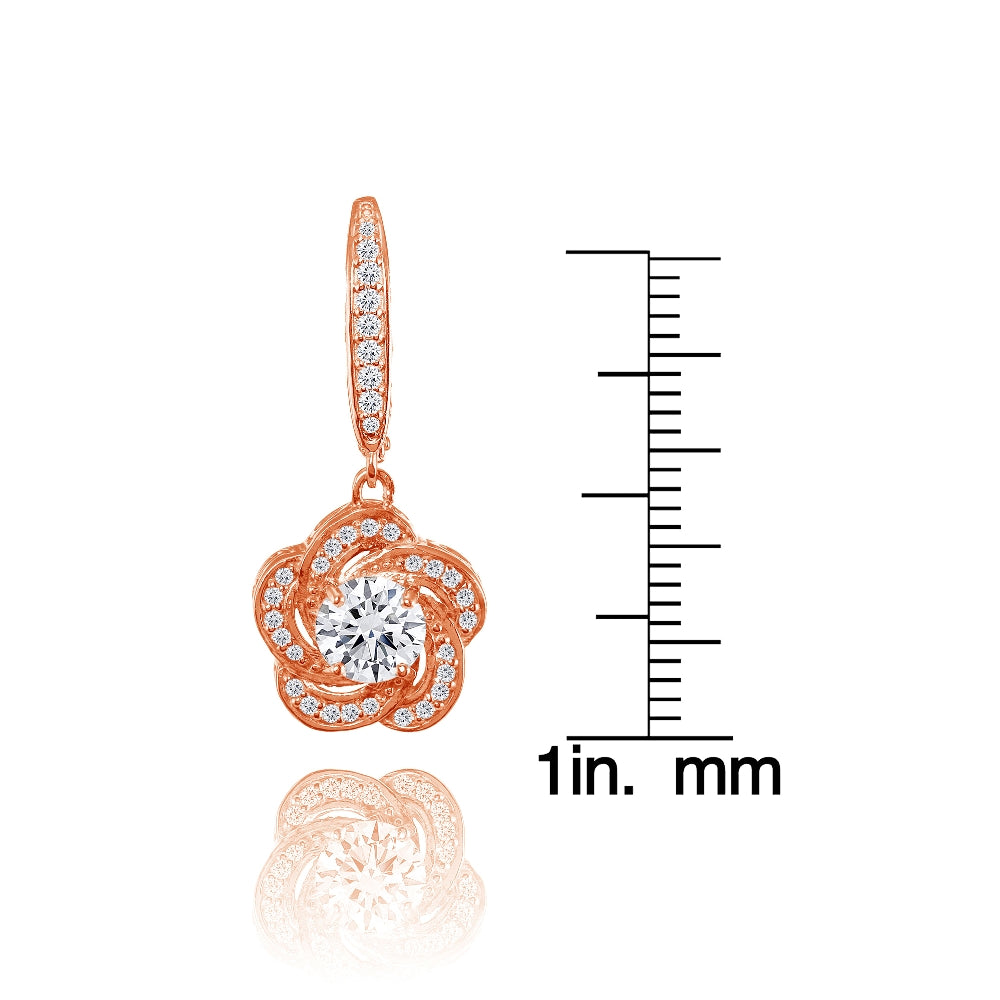 Rose Gold Flashed Sterling Silver Cubic Zirconia Flower Swirl Dangle Leverback Earrings-3