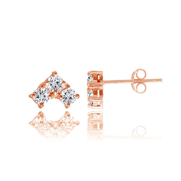 Rose Gold Flashed Sterling Silver Cubic Zirconia 3-Stone Triangle Stud Earrings