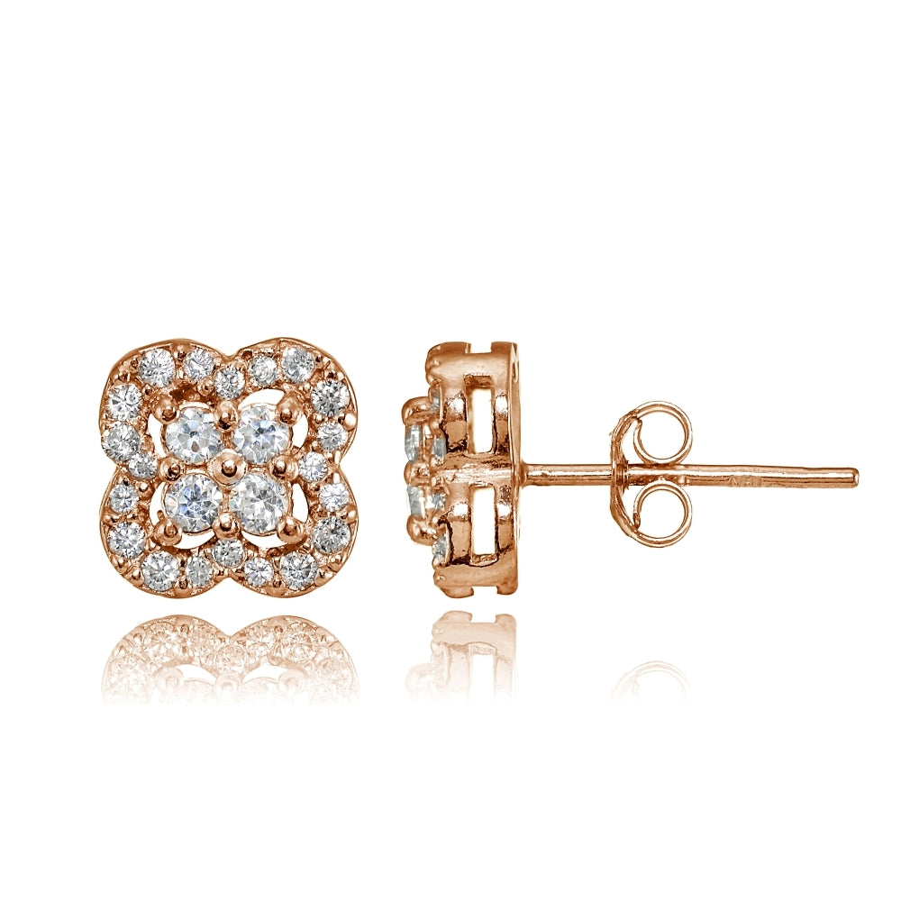 Rose Gold Flashed Sterling Silver Cubic Zirconia Four Leaf Clover Stud Earrings