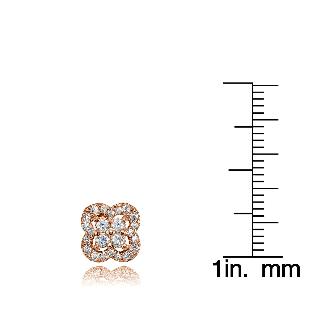 Rose Gold Flashed Sterling Silver Cubic Zirconia Four Leaf Clover Stud Earrings-3