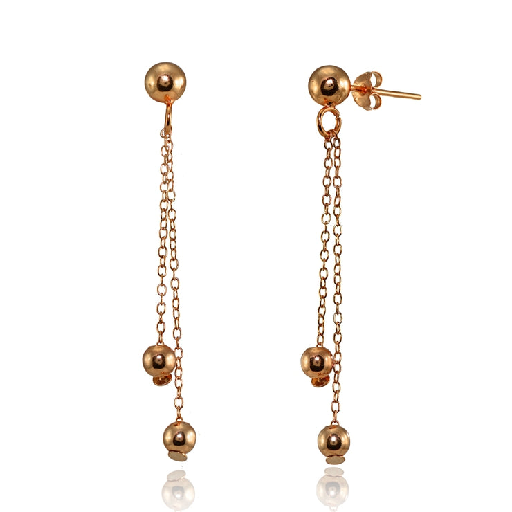 Rose Gold Flashed Sterling Silver Polished Double Bead Dangling Chain Drop Earrings