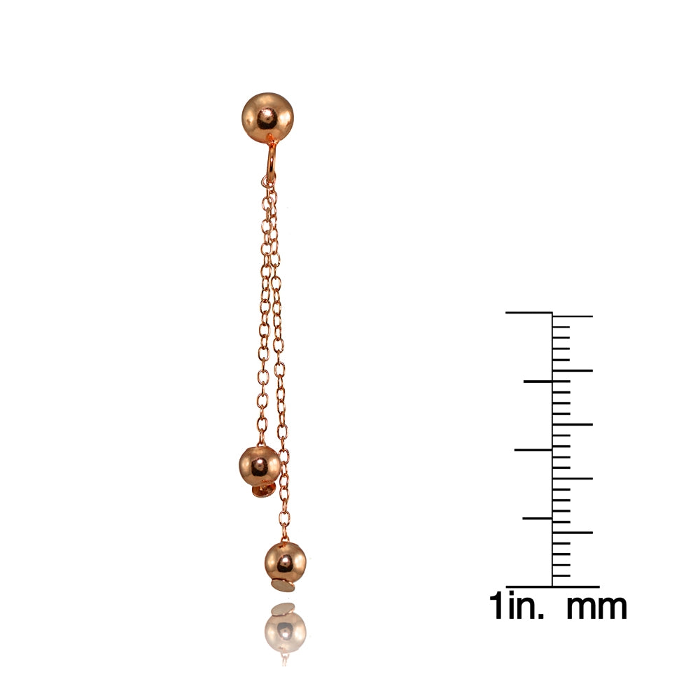 Rose Gold Flashed Sterling Silver Polished Double Bead Dangling Chain Drop Earrings-4