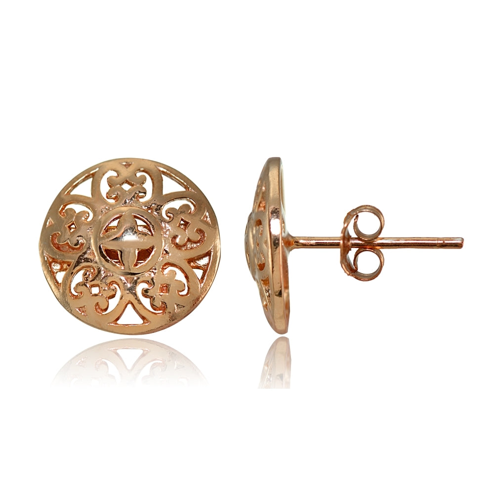 Rose Gold Flashed Sterling Silver Vintage Round Filigree Stud Earrings