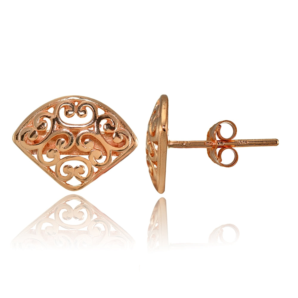 Rose Gold Flashed Sterling Silver Vintage Filigree Fan Triangle Stud Earrings