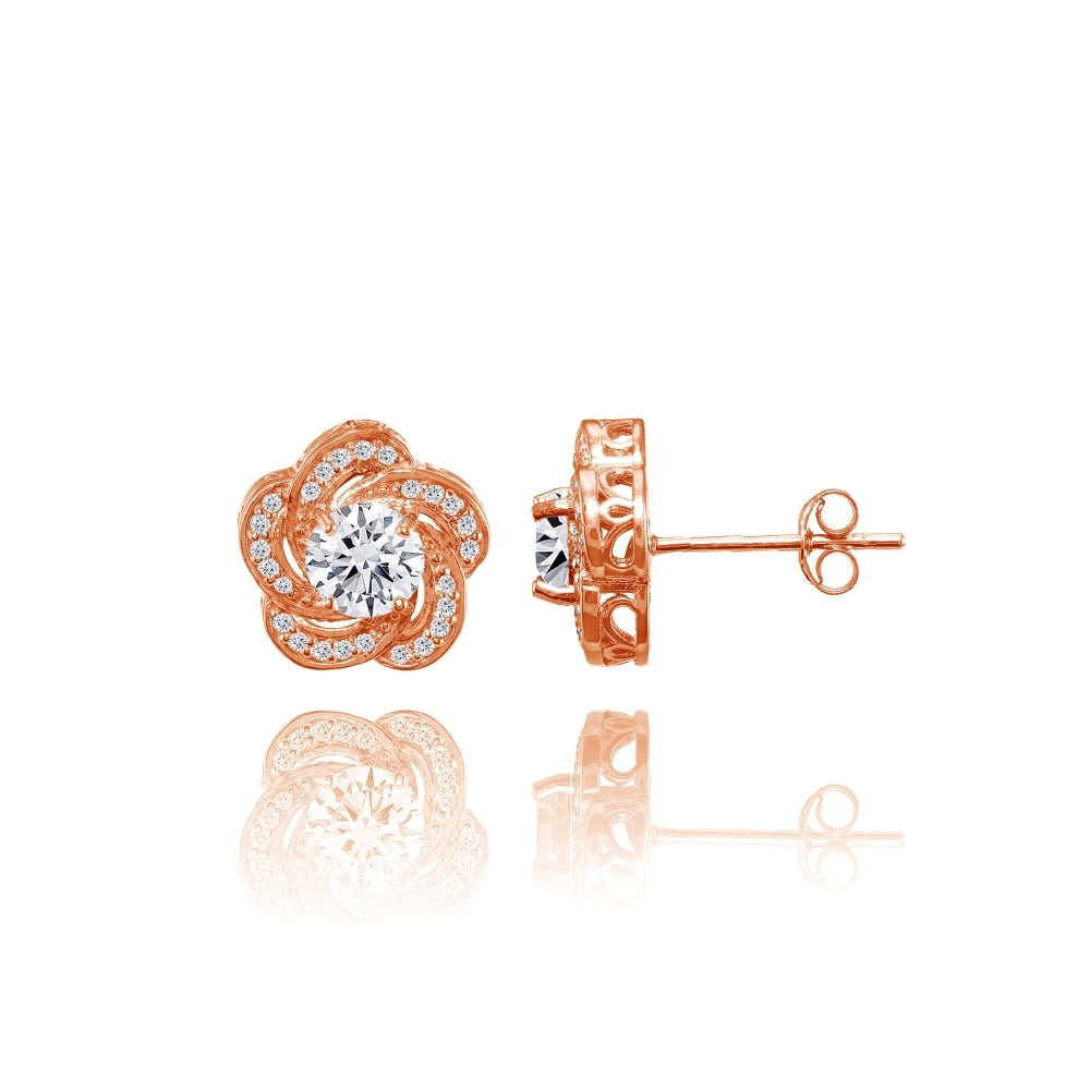 Rose Gold Flashed Sterling Silver Cubic Zirconia Swirl Flower Stud Earrings