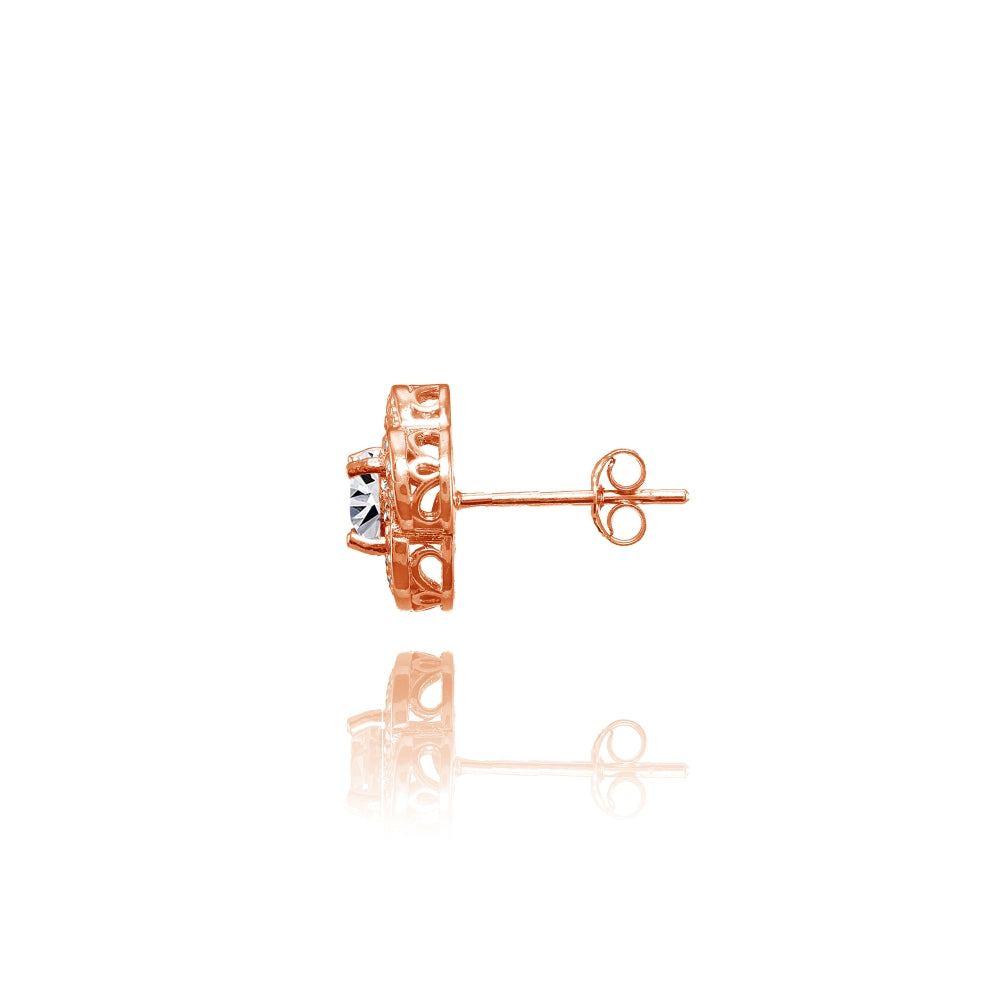 Rose Gold Flashed Sterling Silver Cubic Zirconia Swirl Flower Stud Earrings-3