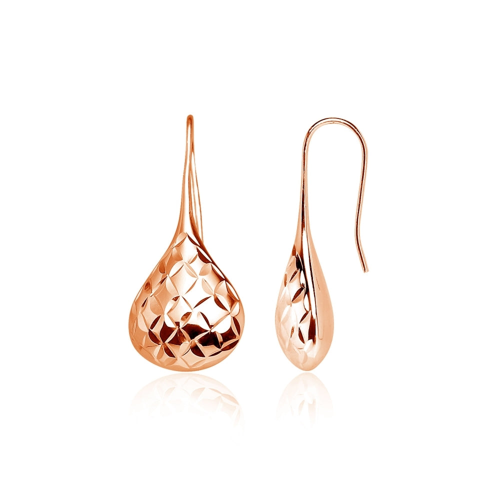 Rose Gold Flashed Sterling Silver Diamond-Cut Pear Shape Lotus Polished Drop Earrings